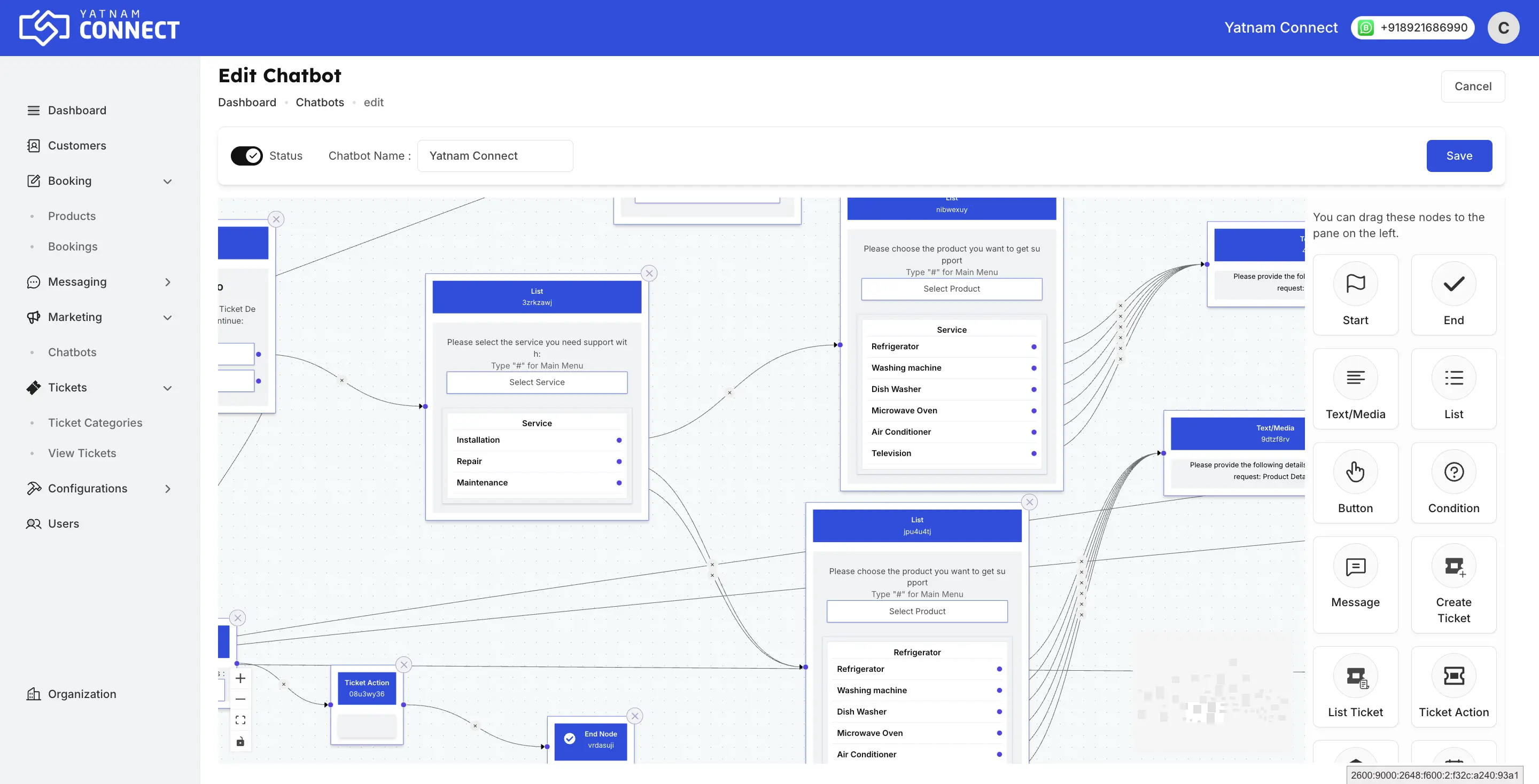 Yatnam Connect Dashboard Preview - WhatsApp Flow Builder Interface